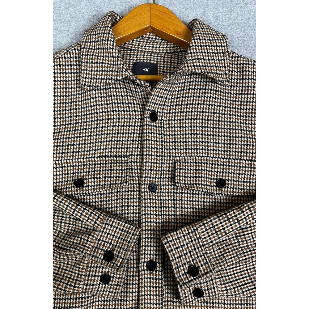 H&M Tweed Shirt Mens Size M Brown Houndstooth Wool Blend Overshirt